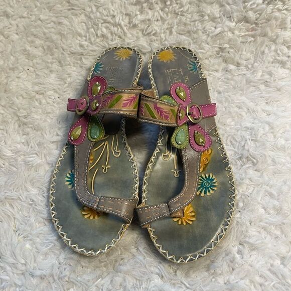 Spring step L'ARTISTE  TOE RING MULTI COLOR SLIDE  WEDGE SANDALS EUR SZ38 - Picture 1 of 10